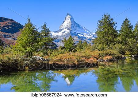 Picture - Matterhorn and mountain lake, Valais, Switzerland, Europe. Fotosearch