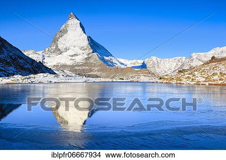 Picture - Matterhorn and mountain lake, Valais, Switzerland, Europe. Fotosearch