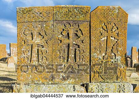 Stock Photo - Medieval Khachkars, carved memorial stele, Noratus Cemetery, Lake Sevan, Gegharkunik Province, Armenia, Caucasus, Asia. Fotosearch