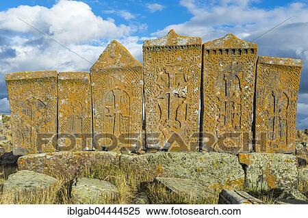 Stock Photography - Medieval Khachkars, carved memorial stele, Noratus Cemetery, Lake Sevan, Gegharkunik Province, Caucasus, Armenia, Asia. Fotosearch