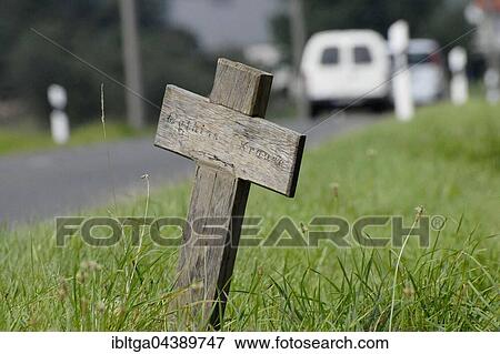 Stock Photo - Memorial cross at roadside, road casualty, Thuringia, Germany, Europe. Fotosearch