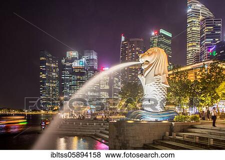 Stock Photo - Merlion Statue, night shot, Marina Bay Reservoir, Singapore, Asia. Fotosearch