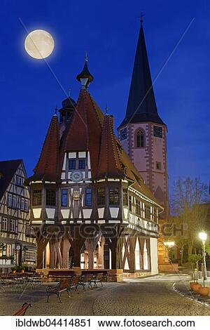 Michelstadt City Hall, church tower and full moon at night, Michelstadt, Odenwald, Hesse, Germany, Europe View Large Photo Image Stock Image - Michelstadt City Hall, church tower and full moon at night, Michelstadt, Odenwald, Hesse, Germany, Europe. Fotosearch