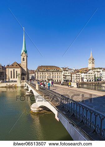 Stock Photo - Minster bridge over the Limmat, Fraumünster, St. Peter's church, Wühre, old town, city view, Zurich, Canton Zurich, Switzerland, Europe. Fotosearch