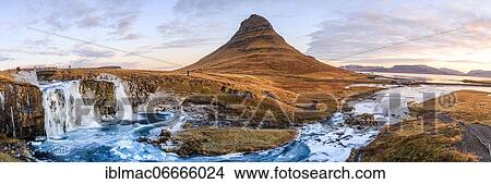 Morning atmosphere at Kirkjufell with waterfall Kirkjufellsfoss, sunrise, Snäfellsnes Peninsula, Iceland, Europe View Large Photo Image Picture - Morning atmosphere at Kirkjufell with waterfall Kirkjufellsfoss, sunrise, Snäfellsnes Peninsula, Iceland, Europe. Fotosearch