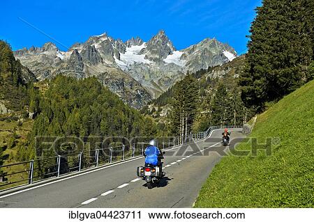 Stock Image - Motorbikes on mountain road, Susten Pass, Uri Alps, Canton of Bern, Switzerland, Europe. Fotosearch