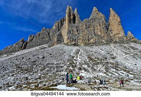 Mountain massif Three Peaks, Sexten Dolomites, South Tyrol Province, Province of South Tyrol, Italy, Europe View Large Photo Image Picture - Mountain massif Three Peaks, Sexten Dolomites, South Tyrol Province, Province of South Tyrol, Italy, Europe. Fotosearch