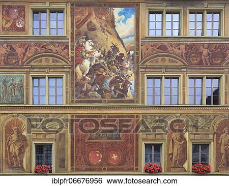Stock Photograph - Mural of the town hall in Schwyz, Switzerland, Europe. Fotosearch