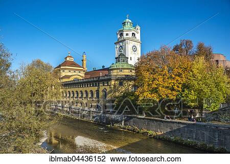 Stock Image - Müllersche Volksbad, public baths, art nouveau indoor pools, River Isar, autumn, Munich, Bavaria, Germany, Europe. Fotosearch