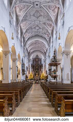 Stock Image - Nave, Christmas decorations, Niedermünster Abbey, Regensburg, Upper Palatinate, Bavaria, Germany, Europe. Fotosearch
