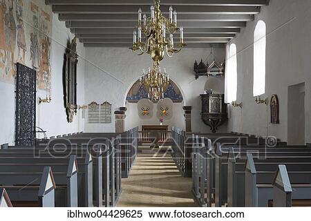 Stock Photography - Nave with apse, Indoors, Romanesque church, Staby, Ulfborg, Midtjylland, Denmark, Europe. Fotosearch