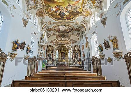 Stock Image - Nave with chancel, Church of St. Ulrich, Eresing, Upper Bavaria, Bavaria, Germany, Europe. Fotosearch