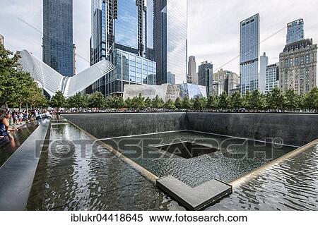 Stock Photography - North Pool, World Trade Center Transportation Hub behind, Ground Zero, Manhattan, New York, USA, North America. Fotosearch