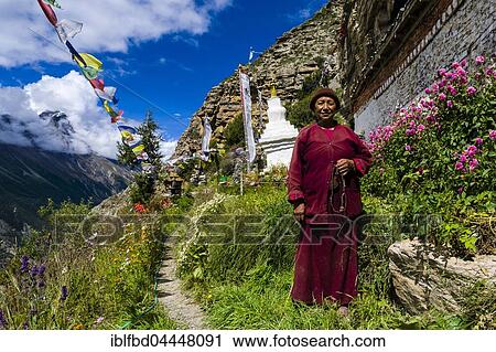 Stock Image - Nun Ani Chorten at Praken Gompa monastery, doughter of Tashi Lama, Manang, Manang District, Nepal, Asia. Fotosearch