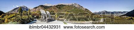 Stock Image - Observation platform, Trauttmansdorffer Throne, view of Merano basin, Texel Group, Merano, Algund, South Tyrol Province, Italy, Europe. Fotosearch