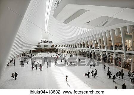 Stock Image - Oculus, subway station main hall with shopping centre, World Trade Center Transportation Hub, architect Santiago Calatrava, Ground Zero, Manhattan, New York, USA, North America. Fotosearch