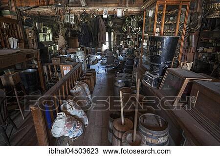 Stock Image - Old Shop, Wild West open-air museum, Nevada City Museum, former gold mining town, Ghost Town, Montana Province, USA, North America. Fotosearch