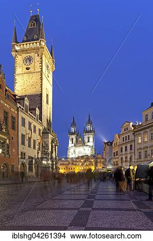 Old Town Hall and Tyn Church, evening light, Old Town Square, Prague, Czech Republic, Europe View Large Photo Image Picture - Old Town Hall and Tyn Church, evening light, Old Town Square, Prague, Czech Republic, Europe. Fotosearch