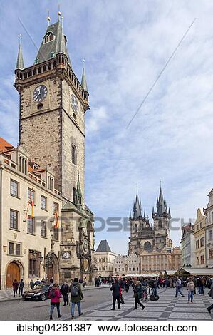 Stock Photo - Old Town Hall and Tyn Church, Old Town Square, Prague, Czech Republic, Europe. Fotosearch