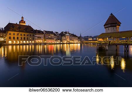Stock Image - Old town hall, Chapel Bridge with water tower, River Reuss, Old Town, City view, Lucerne, Canton Lucerne, Switzerland, Europe. Fotosearch