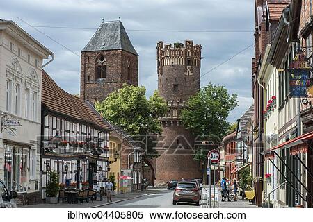 Old town, Long Street with Neustädter Tor, gate, and St. Nikolai, Hanseatic City Tangermünde, Saxony-Anhalt, Germany, Europe View Large Photo Image Stock Photography - Old town, Long Street with Neustädter Tor, gate, and St. Nikolai, Hanseatic City Tangermünde, Saxony-Anhalt, Germany, Europe. Fotosearch