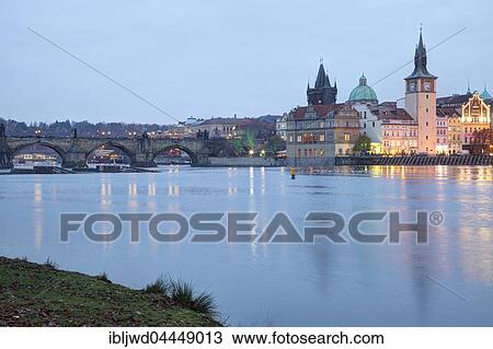Stock Image - Old Town over the River Vltava, seen from island Strelecky ostrov, Prague, Czech Republic, Europe. Fotosearch