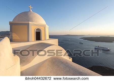 Stock Image - Orthodox church dome, Firá, Santorini, Cyclades, Greece, Europe. Fotosearch