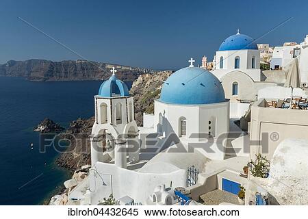 Orthodox church with blue dome and bell tower, Oia, Santorini, Cyclades, Greece, Europe View Large Photo Image Stock Photography - Orthodox church with blue dome and bell tower, Oia, Santorini, Cyclades, Greece, Europe. Fotosearch