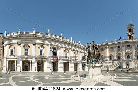 Picture - Palazzo Nuovo with equestrian statue of Emperor Marcus Aurelius, Rome, Lazio, Italy, Europe. Fotosearch