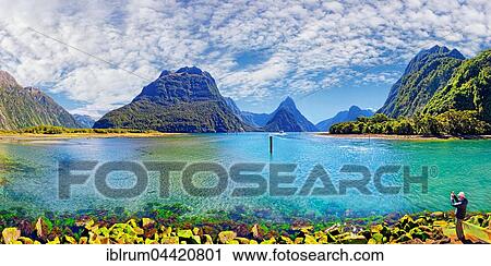 Stock Image - Panorama of Milford Sound, Fiordland National Park, Te Anau, South Island, New Zealand, Oceania. Fotosearch