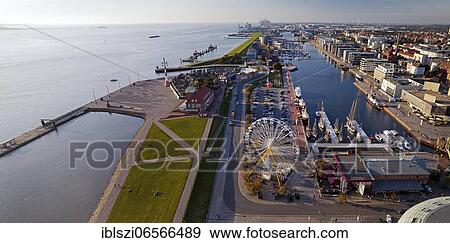 Panorama with Weser estuary and Havenwelten, aerial view, Bremerhaven, Federal State Bremen, Germany, Europe View Large Photo Image Stock Photo - Panorama with Weser estuary and Havenwelten, aerial view, Bremerhaven, Federal State Bremen, Germany, Europe. Fotosearch