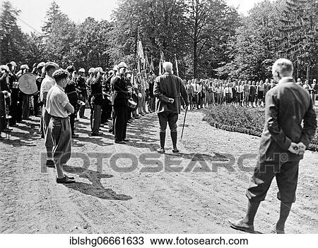 Stock Image - Paul von Hindenburg inspecting school groups, historical photograph, c. 1932, Neudeck Estate, Germany, now Poland, Europe. Fotosearch