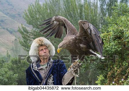 Stock Image - Pavel Pfander, Golden Eagle Trainer (Aquila chrysaetos), Sunkar Raptor Sanctuary, Almaty, Kazakhstan, Central Asia, Asia. Fotosearch