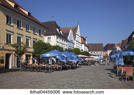 Stock Photograph - Pedestrian zone with restaurants, Gunzburg historic center, Swabia, Bavaria, Germany, Europe. Fotosearch