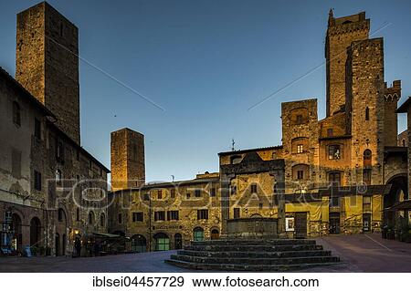 Piazza della Cisterna, blue hour, San Gimignano, Tuscany, Italy, Europe View Large Photo Image Stock Photo - Piazza della Cisterna, blue hour, San Gimignano, Tuscany, Italy, Europe. Fotosearch