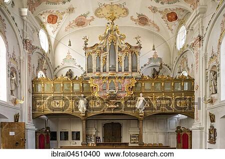 Stock Image - Pilgrimage church of Maria Hilf, organ loft, interior rococo, Klosterlechfeld, Swabia, Bavaria, Germany, Europe. Fotosearch