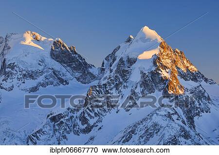 Stock Image - Piz Scerscen, 3971 m, Piz Roseg 3937 m, Grisons, Switzerland, Europe. Fotosearch