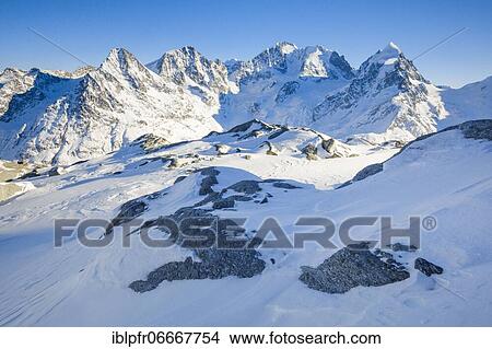 Picture - Piz Tschierva 3546 m, Piz Morteratsch, 3751 m, Piz Bernina 4049 m, Piz Roseg 3937 m, Grisons, Switzerland, Europe. Fotosearch