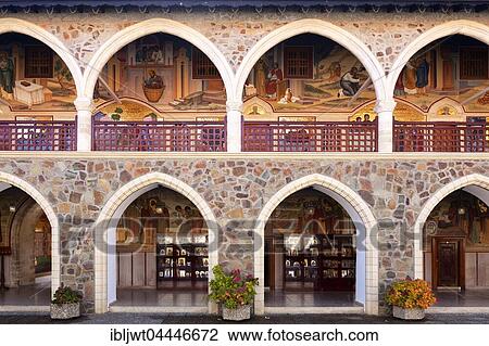 Stock Image - Portico with murals and wall mosaics, Kykkos Monastery, Troodos Mountains, South Cyprus, Cyprus, Europe. Fotosearch