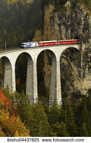 Stock Photography - Rhaetian Railway, Albula Railway, Landwasser Viaduct, Filisur, Graubünden Canton, Switzerland, Europe. Fotosearch