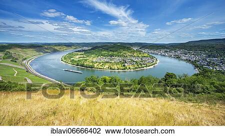 Stock Image - Rhine Bend Bopparder Hamm, Panorama, UNESCO World Heritage Upper Middle Rhine Valley, Boppard, Rhineland-Palatinate, Germany, Europe. Fotosearch
