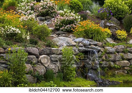 Stock Image - Rock Garden with flowers and small waterfall, Eastern Townships, Quebec, Canada, North America. Fotosearch