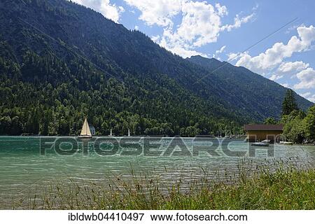 Sailboat, Lake Plansee, Ammergau Alps, Tyrol, Austria, Europe View Large Photo Image Stock Photo - Sailboat, Lake Plansee, Ammergau Alps, Tyrol, Austria, Europe. Fotosearch