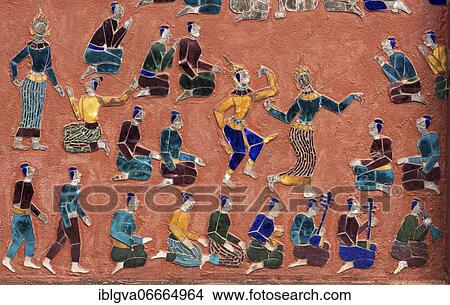 Scenes from mosaic showing rural life, outside wall of Tripitaka library, Wat Xieng Thong temple, Luang Prabang, Laos, Asia View Large Photo Image Picture - Scenes from mosaic showing rural life, outside wall of Tripitaka library, Wat Xieng Thong temple, Luang Prabang, Laos, Asia. Fotosearch