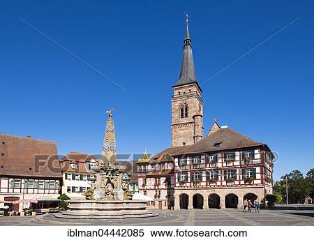 Schöner Brunnen, fountain, town hall and church, Königsplatz, Schwabach, Middle Franconia, Franconia, Bavaria, Germany, Europe View Large Photo Image Stock Photography - Schöner Brunnen, fountain, town hall and church, Königsplatz, Schwabach, Middle Franconia, Franconia, Bavaria, Germany, Europe. Fotosearch