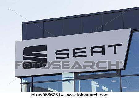 Picture - Seat, logo on a car dealership, Volkswagen AG brand, Düsseldorf, North Rhine-Westphalia, Germany, Europe. Fotosearch