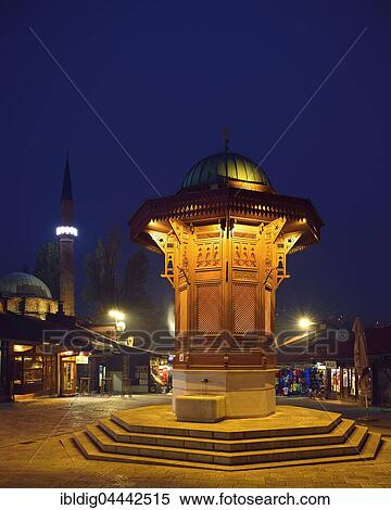 Sebilj fountain at night, Bascarsija, Sarajevo, Bosnia and Herzegovina, Europe View Large Photo Image Stock Photography - Sebilj fountain at night, Bascarsija, Sarajevo, Bosnia and Herzegovina, Europe. Fotosearch