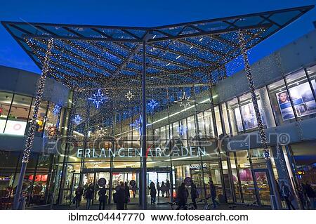 Shopping centre with Christmas decorations, dusk, Erlangen, Middle Franconia, Bavaria, Germany, Europe View Large Photo Image Stock Image - Shopping centre with Christmas decorations, dusk, Erlangen, Middle Franconia, Bavaria, Germany, Europe. Fotosearch