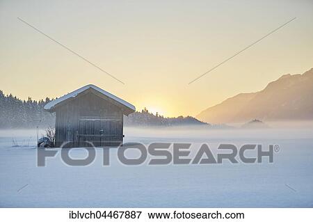 Small cabin, winter landscape, hay barn in fog at dusk, Kramsach, Tyrol, Austria, Europe View Large Photo Image Stock Photo - Small cabin, winter landscape, hay barn in fog at dusk, Kramsach, Tyrol, Austria, Europe. Fotosearch