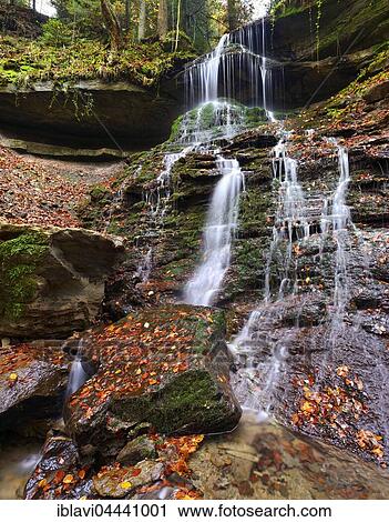 Stock Image - Small waterfall, Hörschbach River, autumn, Hörschbach Valley, Swabian-Franconian Forest, Baden-Württemberg, Germany, Europe. Fotosearch